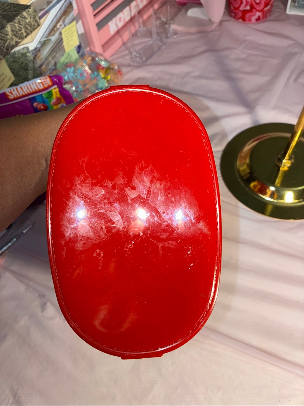 Quilted Patent Mini Bucket Bag with Pearl Handle - Red - Picture 4 of 6